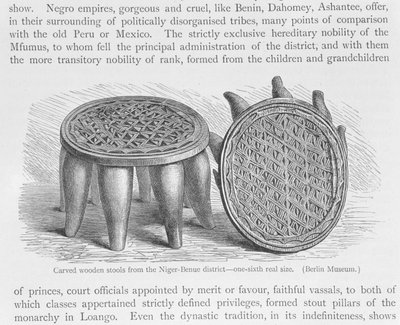 Rzeźbione drewniane taborety z dzielnicy Niger-Benue, z „Historii Ludzkości”, t. III, autorstwa prof. Friedricha Ratzela, 1898 autorstwa English School