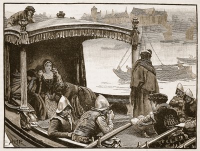 Catherine Howard przenoszona do wieży, ilustracja z Cassells Illustrated History of England (zdjęcie w sepii) autorstwa English School