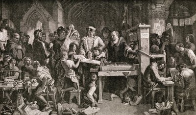 Caxton (ok. 1422-91) pokazujący okazy jego druku królowi Edwardowi IV w Almonry w Westminster, 1858 autorstwa English School