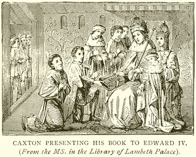 Caxton przedstawia swoją książkę Edwardowi IV autorstwa English School
