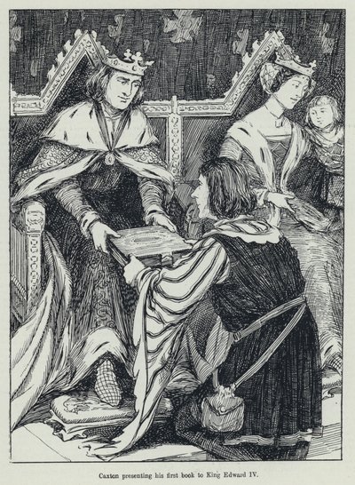 Caxton przedstawia swoją pierwszą książkę królowi Edwardowi IV (lito) autorstwa English School