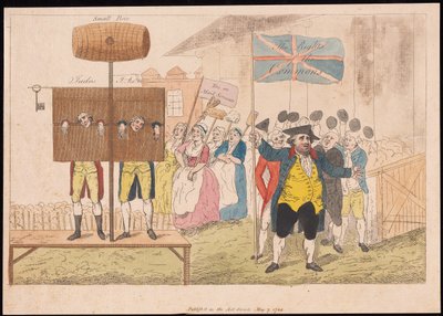 Cecil Wray w pręgierzu Prawa Gmin, wyd. 1784 (ręcznie kolorowane grawerowanie) autorstwa English School