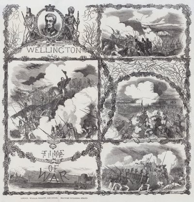 Świętowanie zwycięstw księcia Wellingtona w oblężeniu Seringapatam (1799), klęski pod Dhondia Wagh (1800), bitwy pod Assaye (1803) i bitwy pod Waterloo (1815) (rycina) autorstwa English School