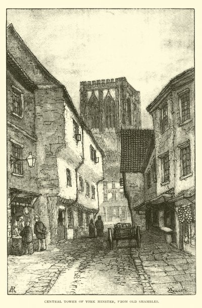 Central Tower of York Minster, z Old Shambles autorstwa English School