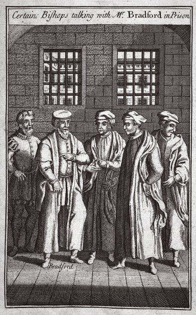 Niektórzy biskupi rozmawiają z panem Bradfordem w więzieniu, ilustracja z Foxes Martyrs c.1703 autorstwa English School