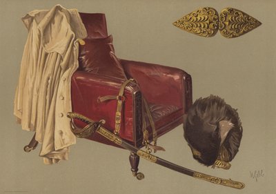 Krzesło i płaszcz feldmarszałka księcia Wellington, z niedźwiedzią skórą i mieczem gwardii grenadierskiej (chromolitho) autorstwa English School