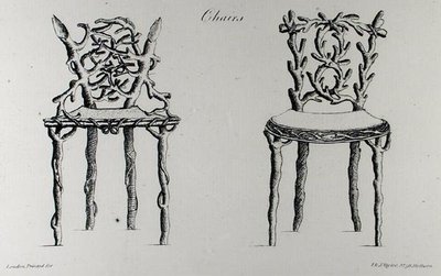 Krzesła, z „Grotesque Architecture, or Rural Amusement”, Williama Wrighte, opublikowane 1768 (rycina) (zdjęcie czarno-białe) autorstwa English School