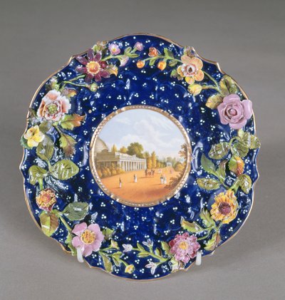 Płyta Chamberlains Worcester z inkrustowanym kwiatem i widokiem Pompowni Montpellier, Cheltenham, 1820 (ceramika) autorstwa English School