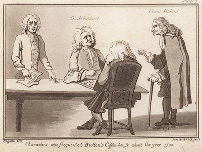 Postacie, które bywały w Buttons Coffee House około roku 1720: dr Arbuthnot, hrabia Viviani autorstwa English School