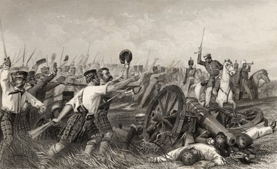 Szarża górali przed Cawnpore pod dowództwem generała Havelocka z „Historii buntu indyjskiego”, opublikowanej w 1858 r. autorstwa English School