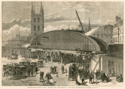 Prace kolejowe Charing Cross: potworny żelazny most dźwigarowy na stacji kolejowej London Bridge autorstwa English School