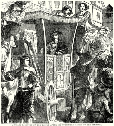 Karol I wygwizdany przez Pepole po próbie aresztowania posłów (rycina) autorstwa English School