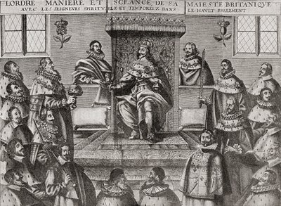 Karol I w Izbie Lordów w 1648 r., z „Krótkiej historii ludu angielskiego” J.R. Greena, opublikowanej w 1893 r. autorstwa English School