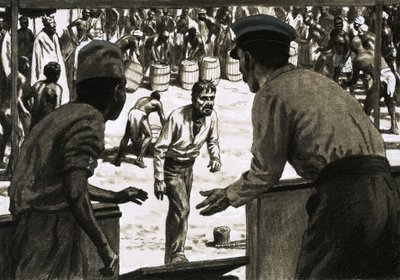 Charles Osborne i kapitan Stott rozłożyli beczki rumu na plaży autorstwa English School