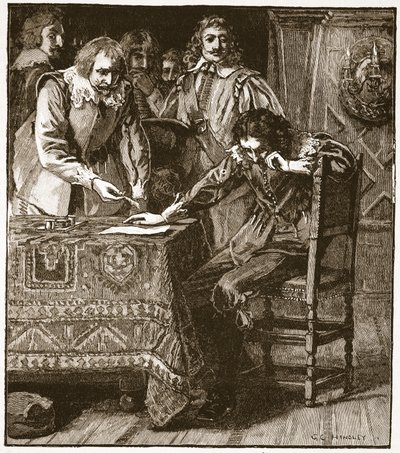 Charles podpisujący Komisję Zgody na Straffords Attainder, ilustracja z Cassells Illustrated History of England (zdjęcie w sepii) autorstwa English School
