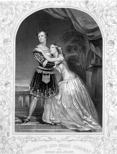 Charlotte i Susan Cushman jako Romeo i Julia, akt III, scena 5 Romea i Julii, z dagerotypu, wyd. autorstwa Johna Tallisa & Co. autorstwa English School