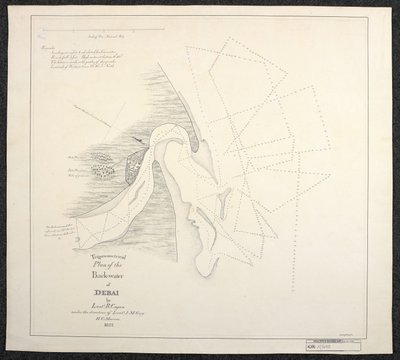 Mapa Dubaju z 1822 r. sporządzona przez inspektorów morskich Angielskiej Kompanii Wschodnioindyjskiej, zatytułowana Trigonometrical Plan of the Back-water of Debai, wykonana przez porucznika R. Cogana pod kierunkiem porucznika J. M. Guya, H. C. Marine. autorstwa English School