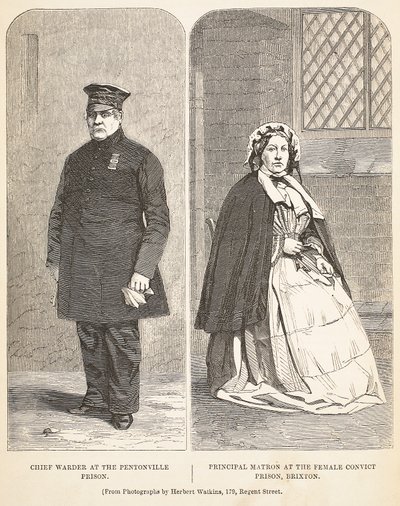 Naczelny Strażnik w więzieniu Pentonville i główna matrona w więzieniu dla kobiet w Brixton, ilustracja z The Criminal Prisons of London i Sceny z życia więziennego autorstwa Henry