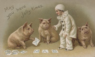 Dziecko w stroju Pierrota z trzema świniami, kartka świąteczna (chromolitho) autorstwa English School