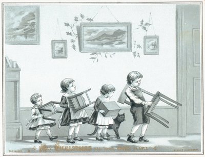 Dzieci niosące krzesełko i taborety, Kartka Świąteczna autorstwa English School