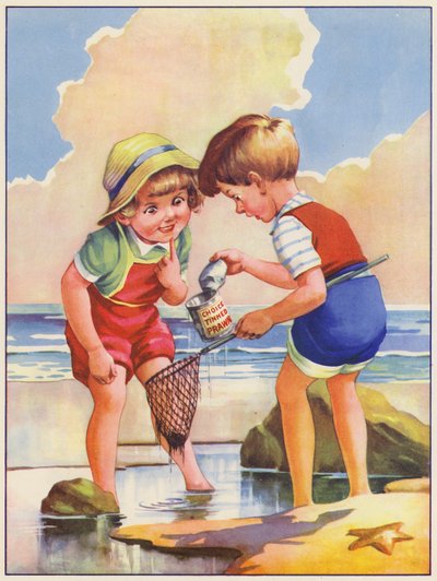 Dzieci łowiące ryby w skalnym basenie nad morzem (kolorowa litografia) autorstwa English School