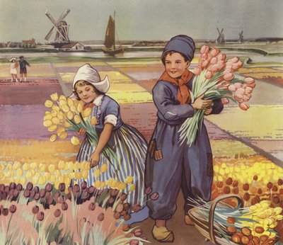 Dzieci zbierające tulipany w Holandii (kolorowa litografia) autorstwa English School