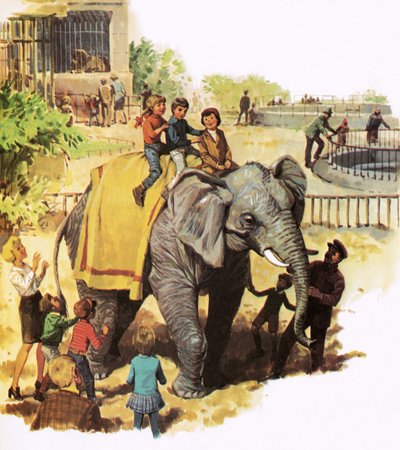 Dzieci jeżdżące na Jumbo w londyńskim zoo autorstwa English School
