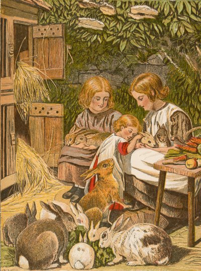Dzieci ze swoimi królikami (kolorowa litografia) autorstwa English School