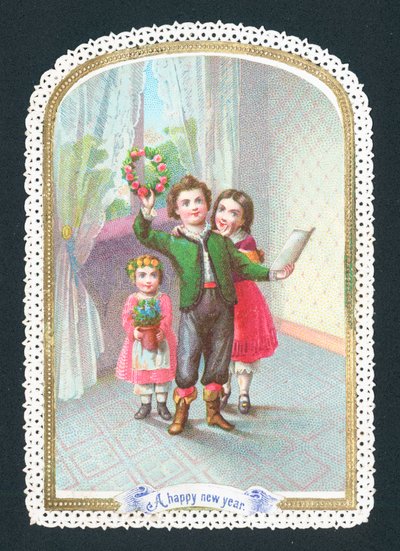 Dzieci z wiankiem i kwiatami, Kartka Noworoczna autorstwa English School