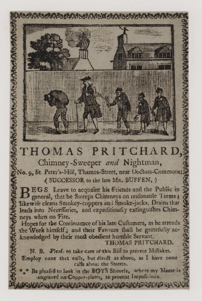 Kominiarz, Thomas Pritchard, karta handlowa autorstwa English School