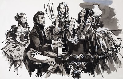 Chopin z wielbicielkami (gwasz na papierze) autorstwa English School
