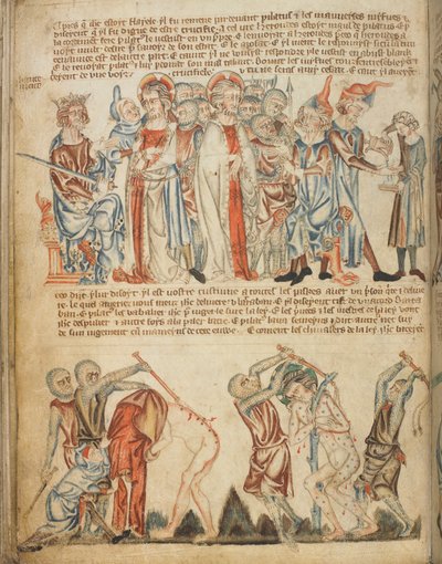 Chrystus przed Herodem i przed Piłatem; Herod myje ręce; biczowanie Chrystusa, Add. 47682, f.30v, c.1320-30 (welin) autorstwa English School
