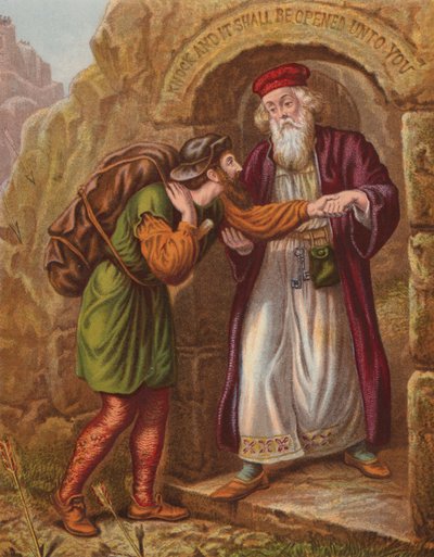 Przybycie Christiana do furtki (kolorowa litografia) autorstwa English School