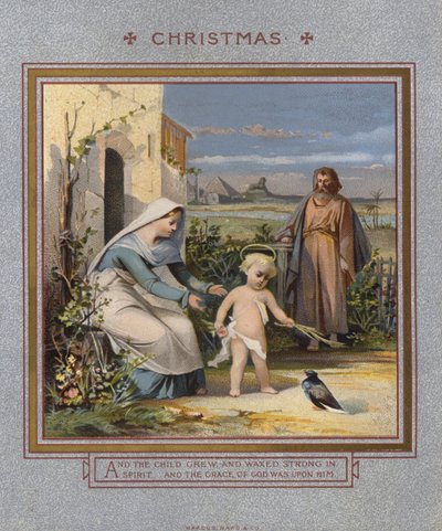 Kartka świąteczna: Jezus bawiący się z gołębicą pod opieką rodziców (chromolitho) autorstwa English School
