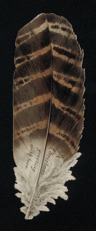 Kartka świąteczna w kształcie piórka, kartka z życzeniami. (chromolit) autorstwa English School