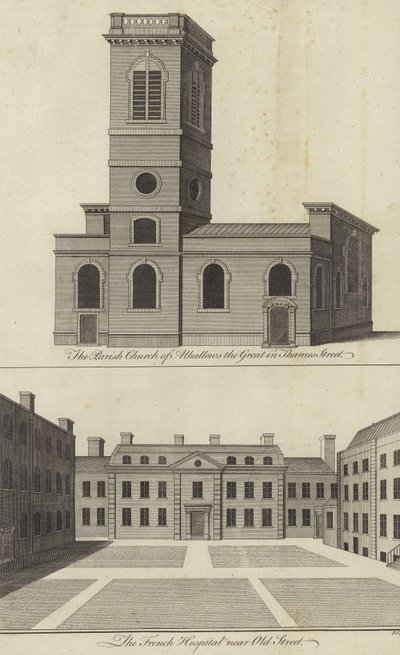Church of Allhallows the Great, Thames Street i French Hospital w pobliżu Old Street w Londynie autorstwa English School
