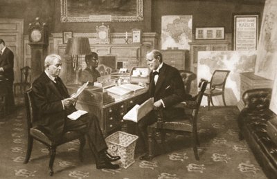 Churchill i Fisher przy pracy: Pierwszy Lord w swoim pokoju w Admiralicji z Pierwszym Lordem Morza, z The Illustrated War News, 1915 autorstwa English School