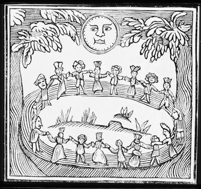 Circle of Witches Dancing Beneath a Full Moon, ilustracja ze zbioru książeczek o ezoteryce autorstwa English School