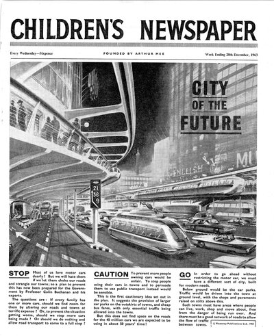 Miasto przyszłości, strona tytułowa „Gazety Dziecięcej”, luty 1963 (druk gazetowy) autorstwa English School