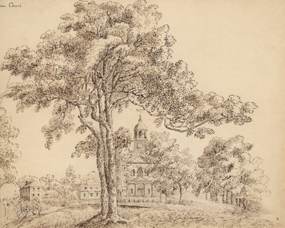 Kościół Clapham, Surrey (tusz na papierze) autorstwa English School