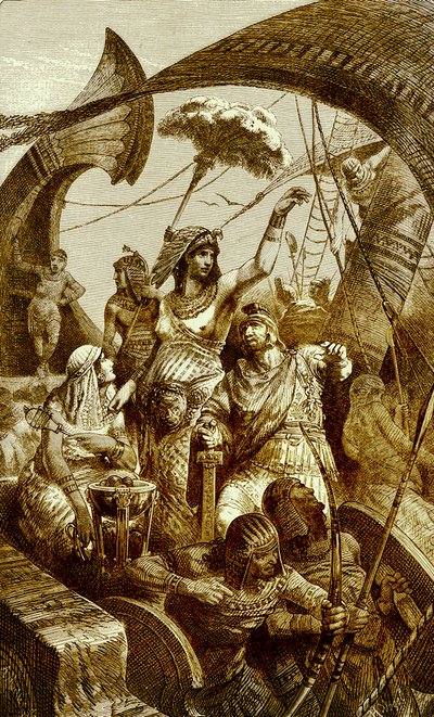 Kleopatra w bitwie pod Akcjum, ilustracja z Ilustrowanej Historii Świata, opublikowana ok. 1880 r. (obraz ulepszony cyfrowo) Kleopatra VII (69-30 p.n.e.), ostatni faraon starożytnego Egiptu; Bitwa autorstwa English School