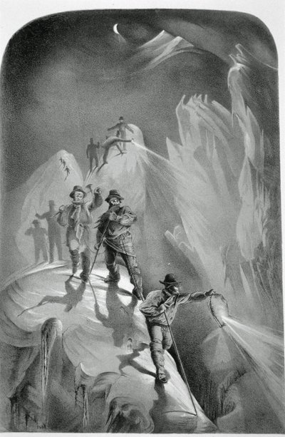 Wspinaczka nocą, z dziesięciu scen z ostatniego wejścia na Mont Blanc, w tym pięć widoków ze szczytu, autorstwa J.D.H. Browne, opublikowany 1853 autorstwa English School