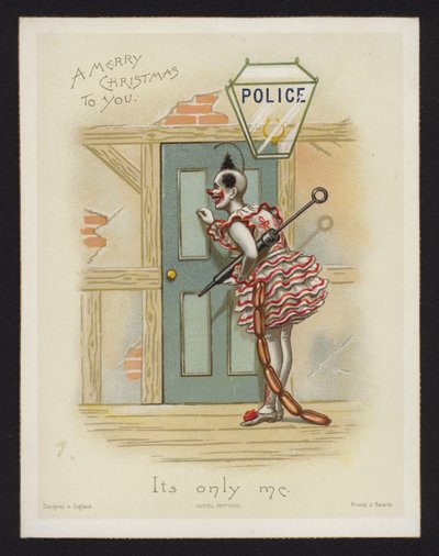 Klaun pukający do drzwi posterunku policji (chromolitho) autorstwa English School
