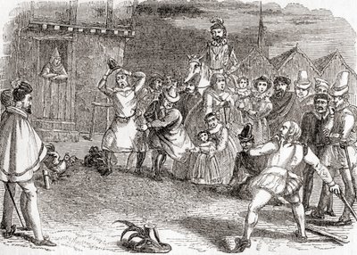 Rzucanie kogutami, czyli cock-shying lub rzucanie w koguty, ze Starej Anglii: A Pictorial Museum, pub. 1847 autorstwa English School