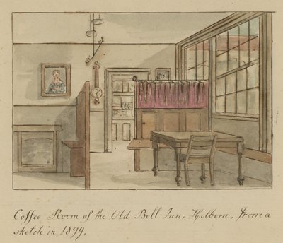 Kawiarnia Old Bell Inn, Holborn, Londyn, ze szkicu z 1899 r. (wc na papierze) autorstwa English School