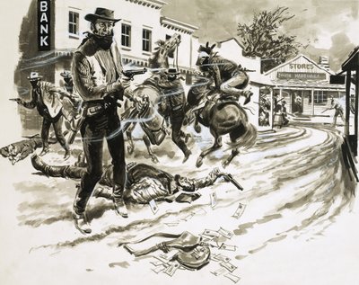 Cole Younger, członek gangu Jessego Jamesa, w strzelaninie autorstwa English School