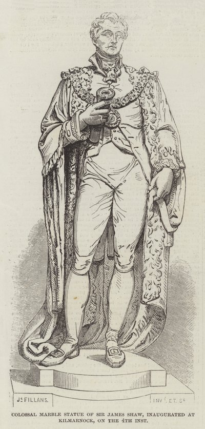 Kolosalna marmurowa statua sir Jamesa Shawa, zainaugurowana w Kilmarnock, 4 dnia (grawerowanie) autorstwa English School