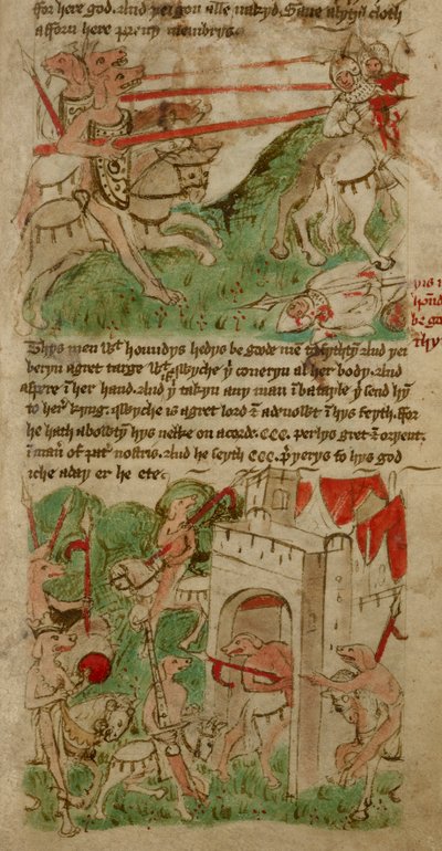 Kolorowe rysunki przedstawiające ludzi o głowach psów („Cynocephalus”) z wyspy Nacumera, z „Podróży Sir Johna Mandeville