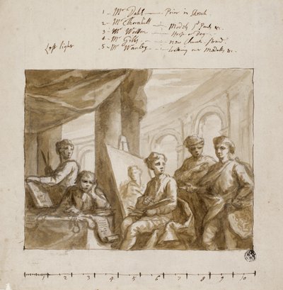 Company of Painters, ok. 1719 (mycie pędzlem i brązem, na graficie, na papierze wyłożonym kością słoniową) autorstwa English School