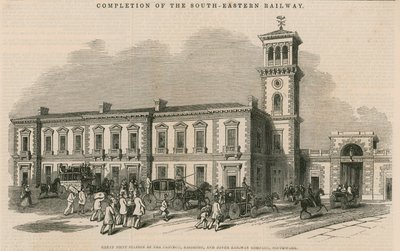 Ukończenie kolei południowo-wschodniej: Wielka wspólna stacja Croydon, Brighton and Dover Railway Company, Southwark, Londyn autorstwa English School